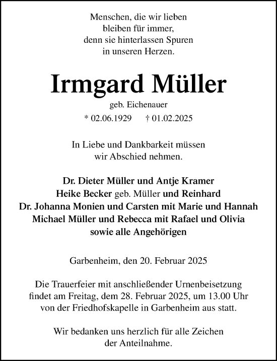 Traueranzeige von Irmgard Müller von Wetzlarer Neue Zeitung