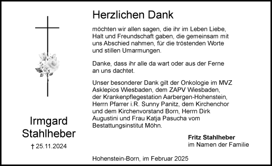 Traueranzeige von Irmgard Stahlheber von Wiesbadener Kurier