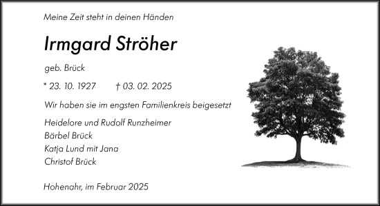 Traueranzeige von Irmgard Ströher von Wetzlarer Neue Zeitung