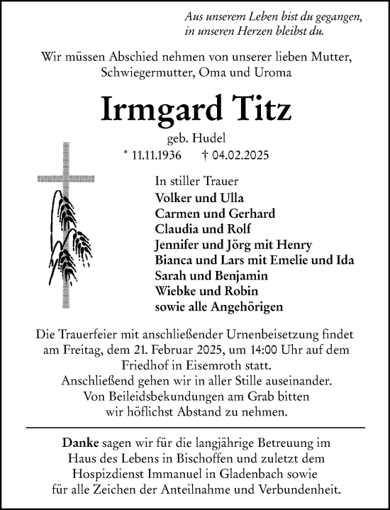 Traueranzeige von Irmgard Titz von Dill Block