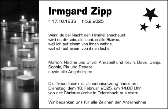 Traueranzeige von Irmgard Zipp von Weilburger Tageblatt