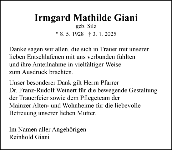 Traueranzeige von Irmgard Mathilde Giani von Allgemeine Zeitung Mainz