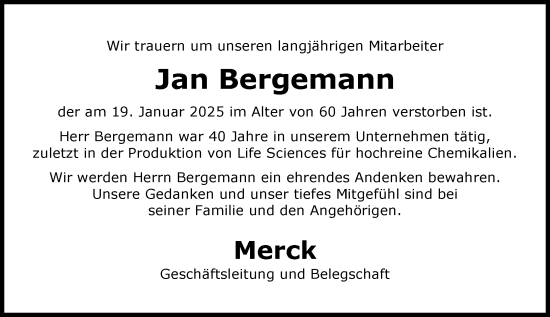 Traueranzeige von Jan Bergemann von Darmstädter Echo