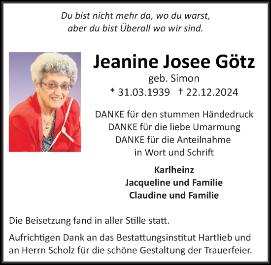 Traueranzeige von Jeanine Josee Götz von Camberger Anzeiger
