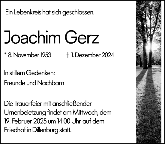 Traueranzeige von Joachim Gerz von Dill Block