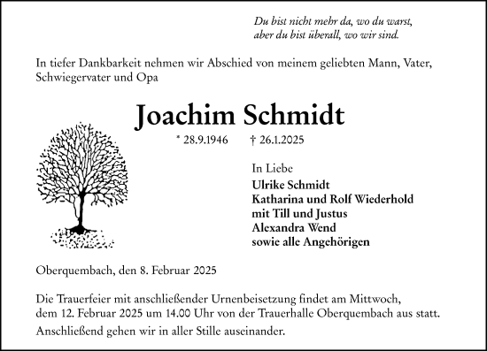Traueranzeige von Joachim Schmidt von Wetzlarer Neue Zeitung
