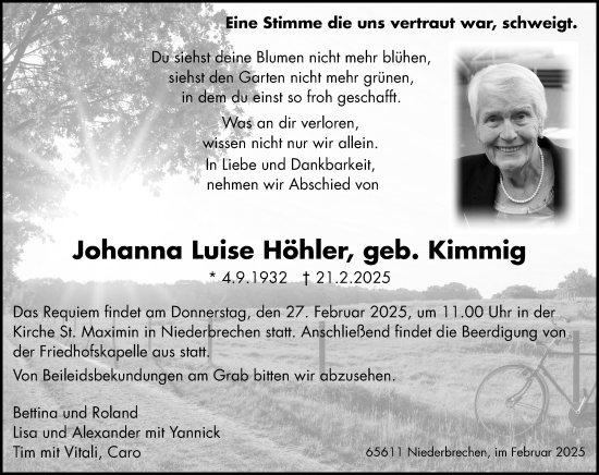 Traueranzeige von Johanna Luise Höhler von Nassauische Neue Presse