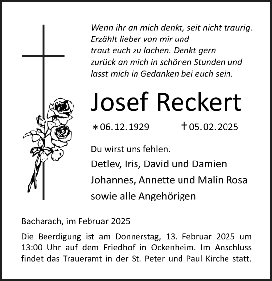 Traueranzeige von Josef Reckert von Allgemeine Zeitung Rheinhessen-Nahe