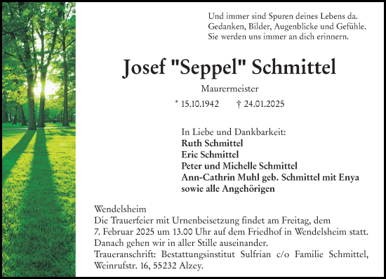 Traueranzeige von Josef Schmittel von Allgemeine Zeitung Alzey