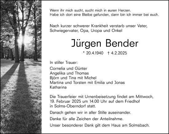 Traueranzeige von Jürgen Bender von Wetzlarer Neue Zeitung