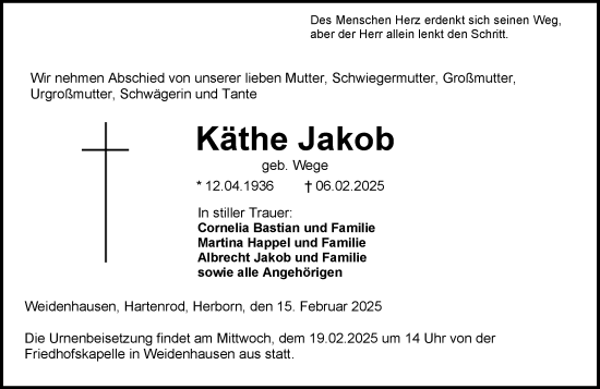 Traueranzeige von Käthe Jakob von Hinterländer Anzeiger