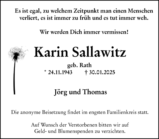 Traueranzeige von Karin Sallawitz von Hochheimer Zeitung