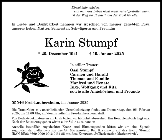 Traueranzeige von Karin Stumpf von Allgemeine Zeitung Rheinhessen-Nahe