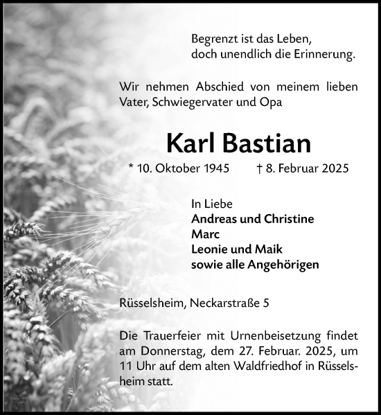 Traueranzeige von Karl Bastian von Rüsselsheimer Echo