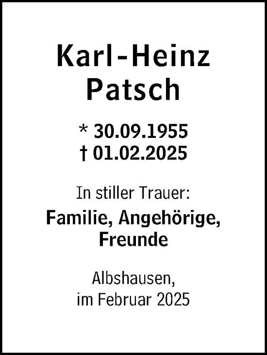 Traueranzeige von Karl-Heinz Patsch von Wetzlarer Neue Zeitung