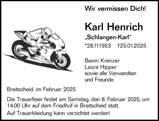 Traueranzeige von Karl Henrich von Dill Block