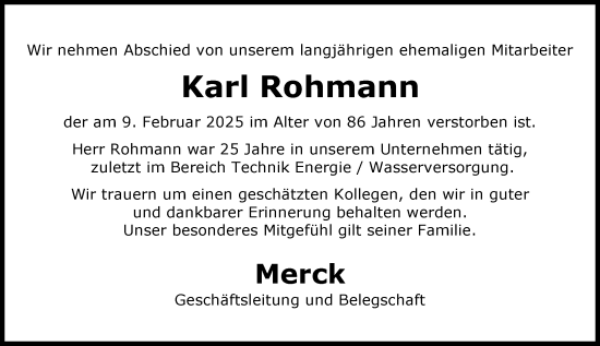 Traueranzeige von Karl Rohmann von Darmstädter Echo