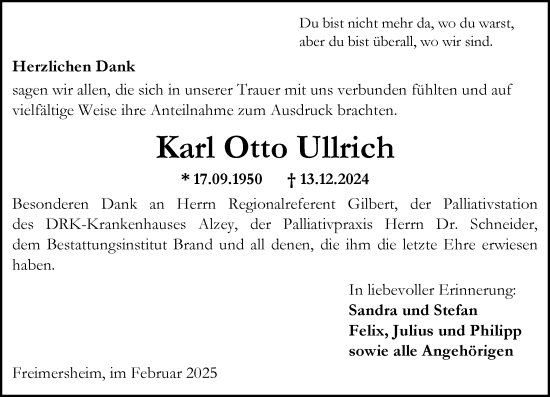 Traueranzeige von Karl Otto Ullrich von Allgemeine Zeitung Alzey