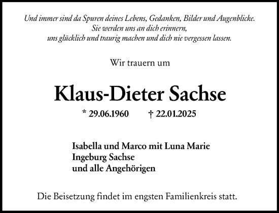 Traueranzeige von Klaus-Dieter Sachse von Hinterländer Anzeiger