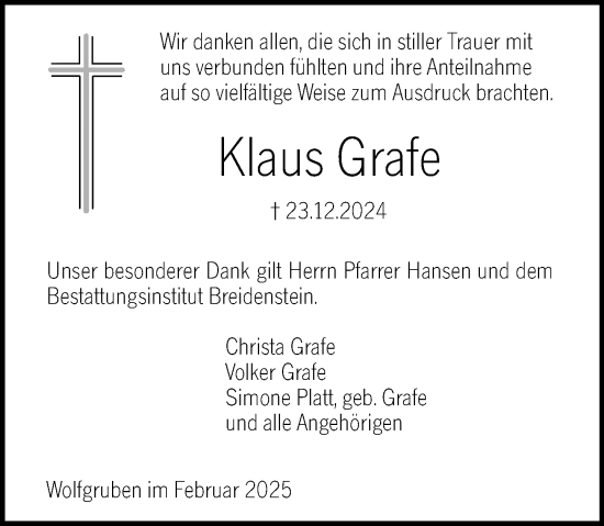 Traueranzeige von Klaus Grafe von Hinterländer Anzeiger