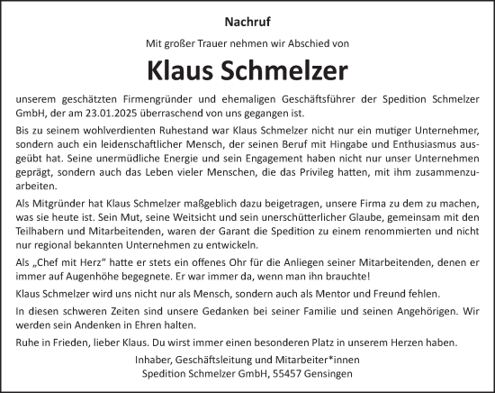 Traueranzeige von Klaus Schmelzer von Allgemeine Zeitung Rheinhessen-Nahe