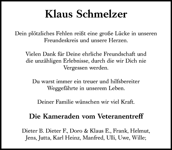 Traueranzeige von Klaus Schmelzer von Binger-/Ingelheimer Wochenblatt