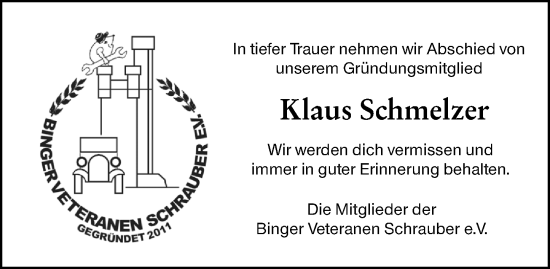 Traueranzeige von Klaus Schmelzer von Binger-/Ingelheimer Wochenblatt