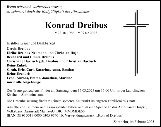Traueranzeige von Konrad Dreibus von Allgemeine Zeitung Mainz
