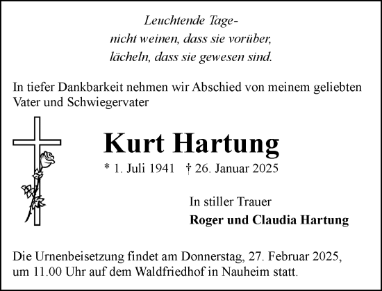 Traueranzeige von Kurt Hartung von Rüsselsheimer Echo