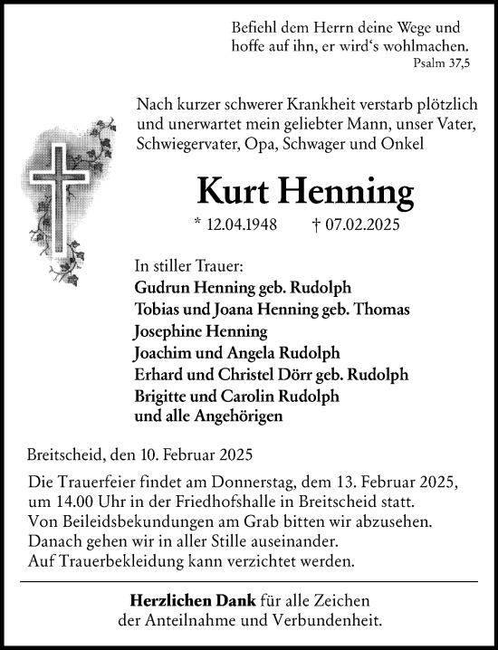 Traueranzeige von Kurt Henning von Dill Block