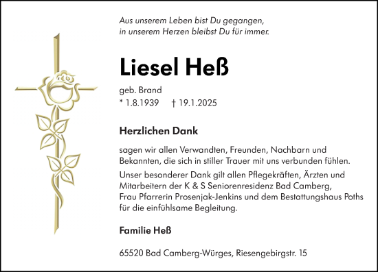 Traueranzeige von Liesel Heß von Camberger Anzeiger