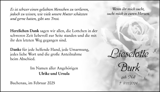 Traueranzeige von Lieselotte Burk von Hinterländer Anzeiger