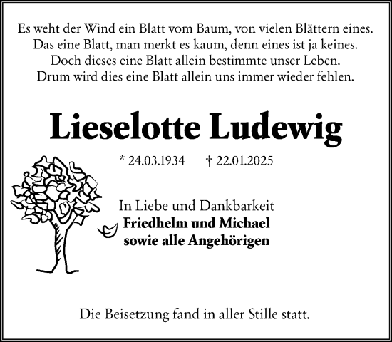 Traueranzeige von Lieselotte Ludewig von Wiesbadener Kurier