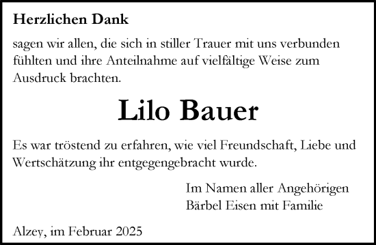 Traueranzeige von Lilo Bauer von Allgemeine Zeitung Alzey