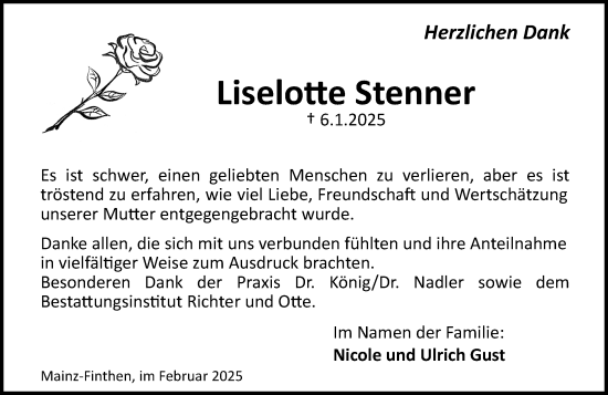 Traueranzeige von Liselotte Stenner von Allgemeine Zeitung Mainz