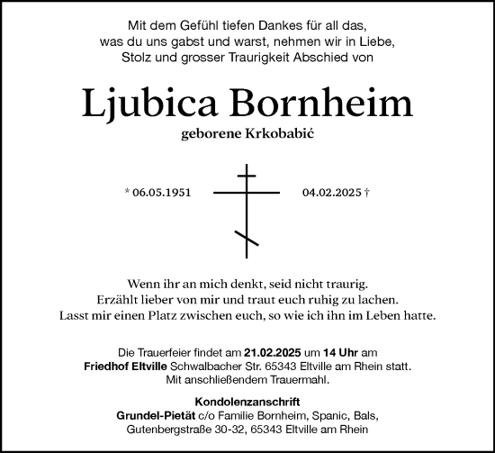 Traueranzeige von Ljubica Bornheim von Wiesbadener Kurier