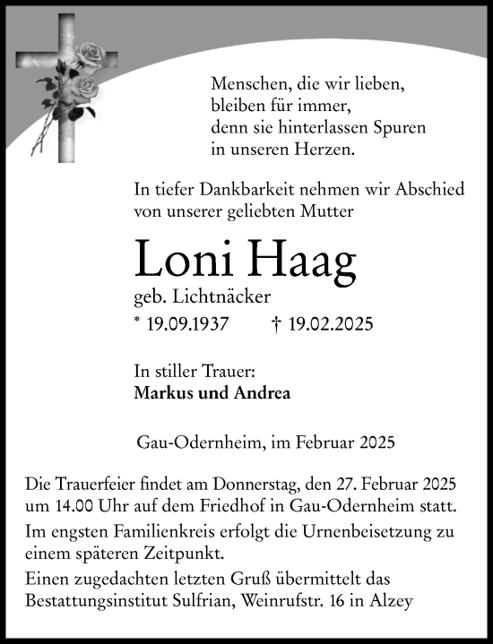 Traueranzeige von Loni Haag von Allgemeine Zeitung Alzey