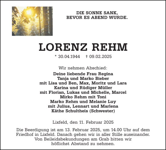 Traueranzeige von Lorenz Rehm von Hinterländer Anzeiger