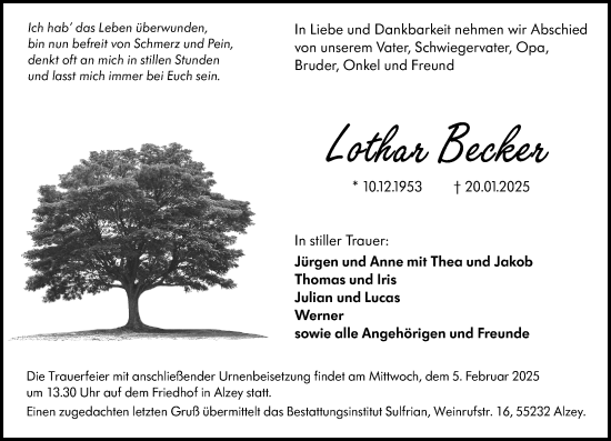 Traueranzeige von Lothar Becker von Allgemeine Zeitung Alzey