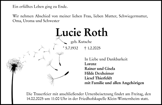 Traueranzeige von Lucie Roth von Allgemeine Zeitung Mainz