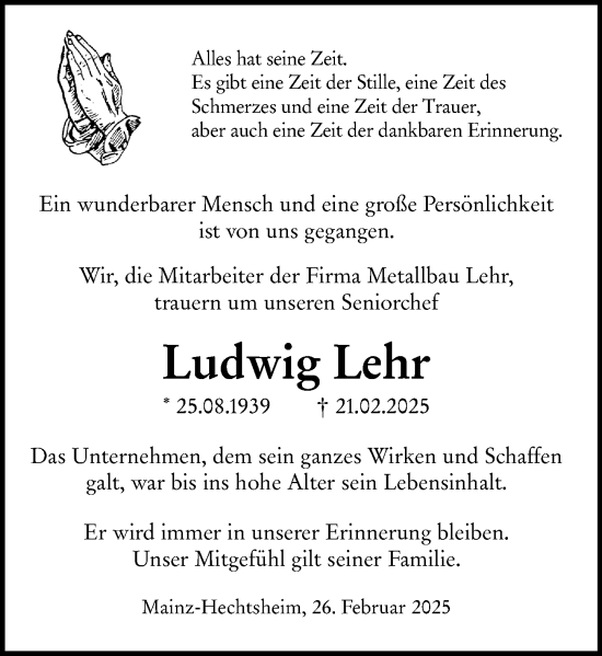 Traueranzeige von Ludwig Lehr von Allgemeine Zeitung Mainz