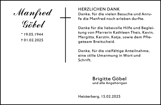 Traueranzeige von Manfred Göbel von Dill Block