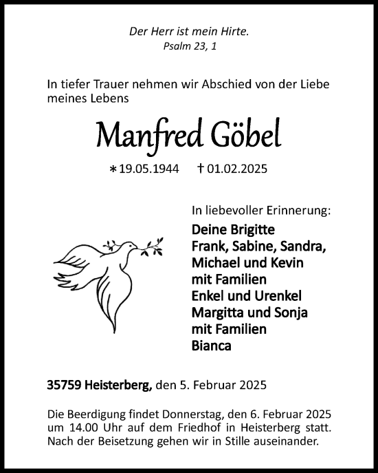 Traueranzeige von Manfred Göbel von Dill Block