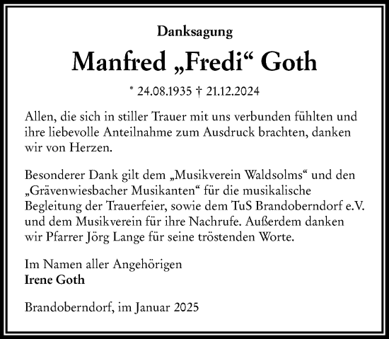 Traueranzeige von Manfred  Goth von Wetzlarer Neue Zeitung