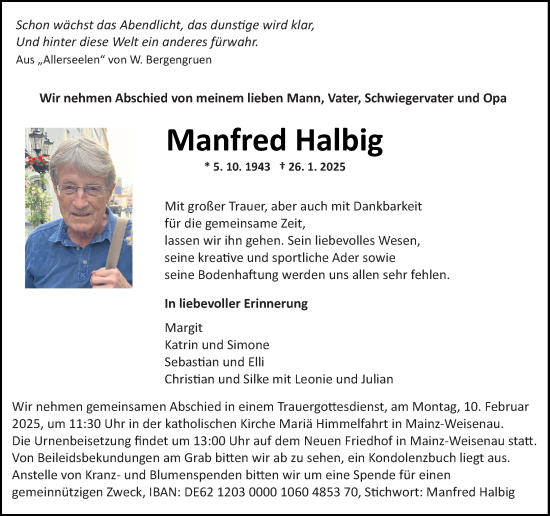 Traueranzeige von Manfred Halbig von Allgemeine Zeitung Mainz