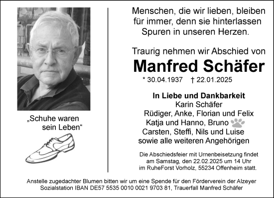 Traueranzeige von Manfred Schäfer von Allgemeine Zeitung Alzey