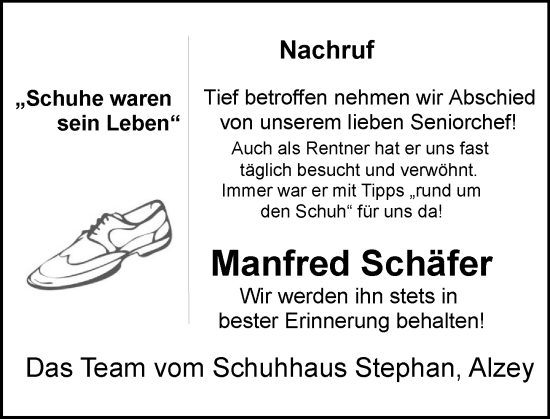 Traueranzeige von Manfred Schäfer von Allgemeine Zeitung Alzey