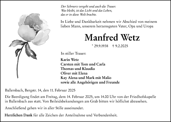 Traueranzeige von Manfred Wetz von Dill Block