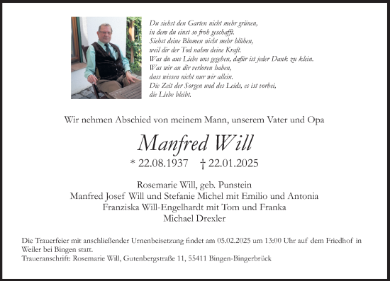 Traueranzeige von Manfred Will von Binger-/Ingelheimer Wochenblatt