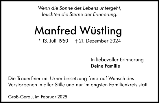 Traueranzeige von Manfred Wüstling von Groß-Gerauer Echo